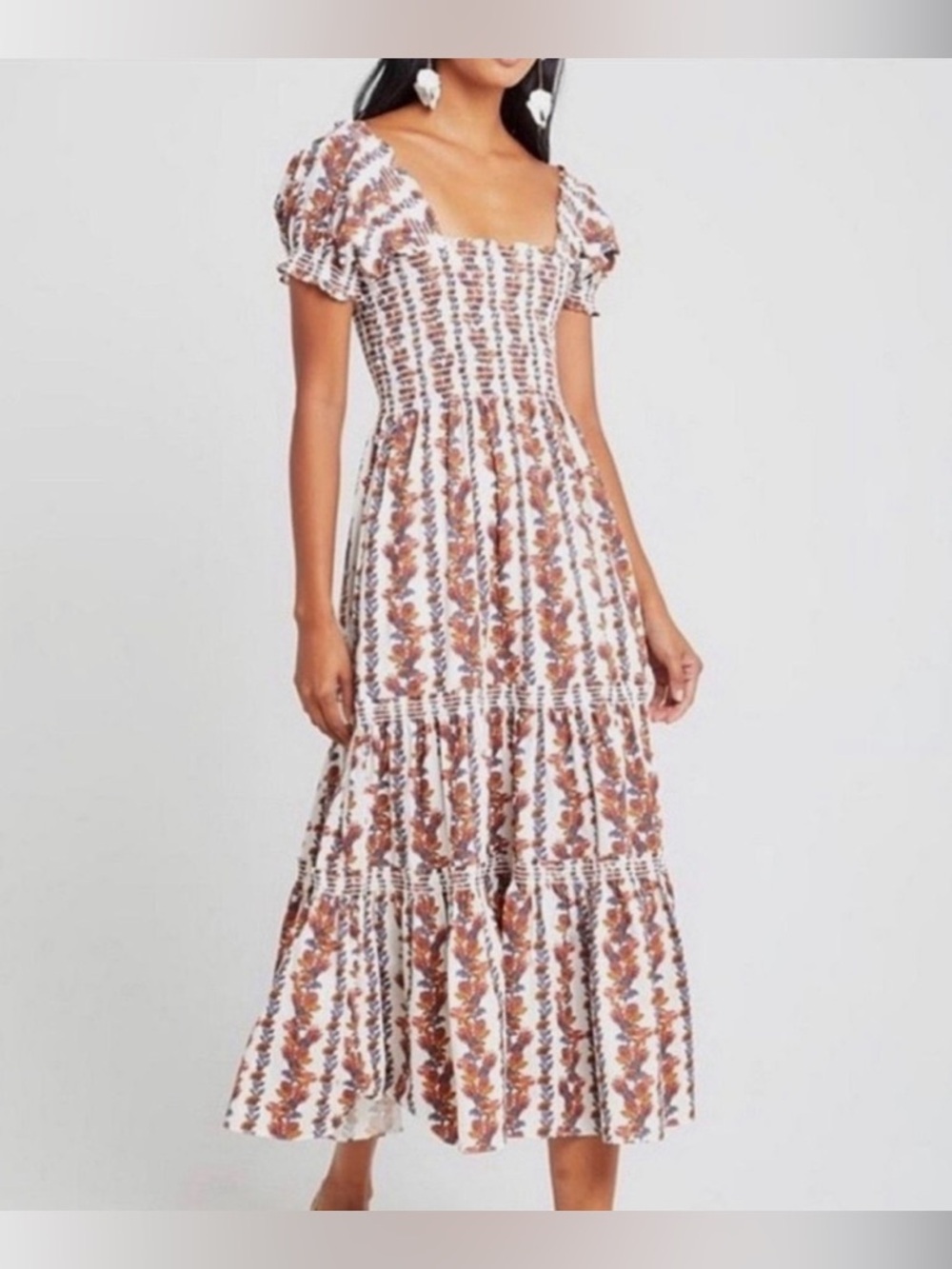 Midi Smocked Square-Neck Dress in White and Brown